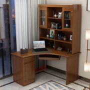 中式实木转角书桌书架一体桌，家用台式电脑，写字桌书房家具套装组合