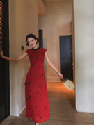 Thecoco 红黑花旗袍女装夏季改良款复古撞色温婉优雅气质修身长裙