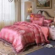 网红欧式床上四件套贡缎提花丝，绸缎蕾丝被套床单双人2米1.8米床笠