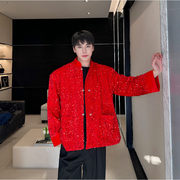 大红色亮色时髦亮片夹克男女新中式舞台装演出服酒吧歌手复古外套