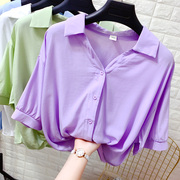 设计感小众v领下摆，打结短袖衬衫女夏季宽松显瘦衬衣紫色防晒开衫
