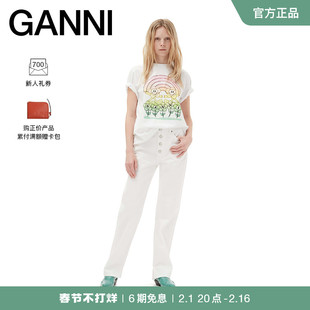 补货GANNI女装 彩虹图案印花白色休闲短袖T恤衫 T3429151