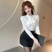 韩国chic气质职业工作制服白色长袖领结修身衬衫包臀半身裙套装女
