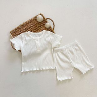 韩国女婴儿衣服夏装，家居服分体套装薄款糖果，色上衣短裤纯色两件套