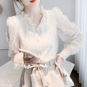 长袖雪纺衫女2022法式薄款蕾丝衬衣白色O时尚上衣女设计感小