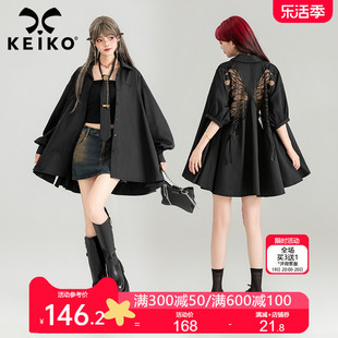 keiko重工蝴蝶刺绣黑色短袖衬衫，薄24夏季设计感泡泡袖上衣防晒衫