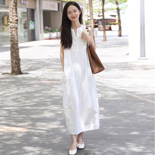 白色衬衫女2024年夏季背心，裙复古无袖，衬衣宽松艺术气质长款连衣裙