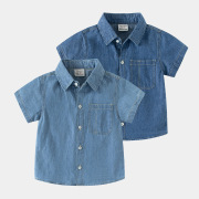 男童牛仔短袖衬衫纯色夏季2024童装儿童宝宝休闲纯棉衬衣薄款