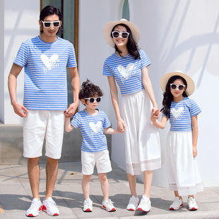 海军蓝条纹短袖T恤亲子装夏装母女装白色雪纺长裙拍照父子装套装