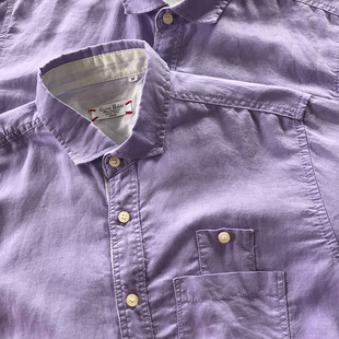 日系小众老牌GH棉亚麻舒适水洗薄料纯色中袖衬衫男紫色