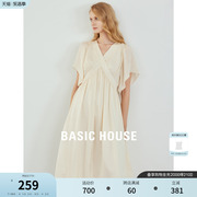 Basic House/百家好V领赫本风连衣裙女春收腰泡泡袖裙子