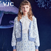 VJC/威杰思秋冬女装蓝色羊毛针织撞色碎花灯笼袖短款开衫