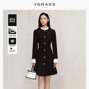 VGRASS法式千金小香风连衣裙冬精致设计感粗花呢100%羊毛