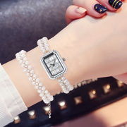 时尚潮流珍珠手表套装方形小巧镶钻细表带小表盘女表