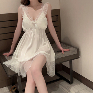 法式仙气可爱带胸垫白色睡裙纯欲宫廷风蕾丝吊带夏季甜美网纱睡衣