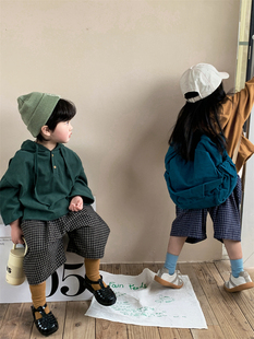 暮晨家春装2024男童纯色，棉质连帽卫衣女，宝宝洋气套头帽衫上衣