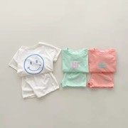 韩版婴幼童装糖果色纯棉，休闲短袖套装字母笑脸，t恤短裤两件套