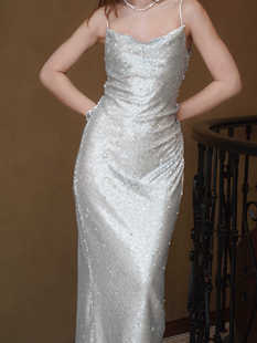 sibleu法式小众设计流光银荡领轻奢性感吊带长裙亮片连衣裙