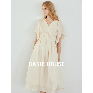 Basic House/百家好V领赫本风连衣裙女2024夏收腰泡泡袖裙子