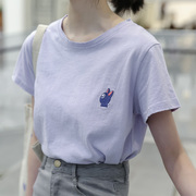 紫色短袖t恤女夏季2023韩版宽松ins潮小清新学生纯棉刺绣上衣