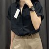 纯棉黑色短袖衬衫女夏季韩版日系高级感气质，简约百搭t恤上衣