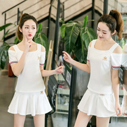 夏季潮牌修身显瘦漏肩性感女套装韩版时尚气质淑女短袖短裙两件套