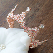 粉色玫瑰金色底大王冠新娘头饰，串珠水钻圆形新娘结婚婚纱发饰
