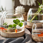 透明玻璃鱼缸创意圆形，办公室木托斗鱼缸小型客厅，家用生态小金鱼缸