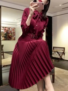 红色百褶连衣裙女春秋法式气质显瘦高端精致衬衫裙假两件套长裙子