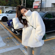 韩版白色兔毛皮草外套，女冬季短款年轻款时尚，立领毛毛加厚冬季