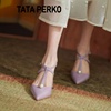 tataperko联名女鞋紫色后空，凉鞋女夏季真皮尖头法式珍珠单鞋高跟