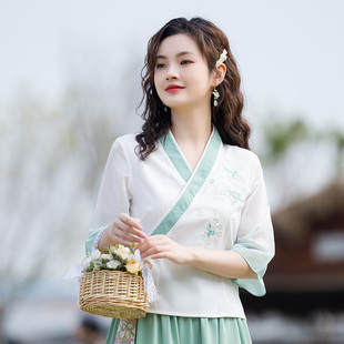 中国风女装古风改良汉服，上衣中式文艺，复古绣花短袖t恤衬衫茶服女