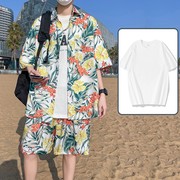 夏威夷花衬衫套装男夏季潮牌宽松大码沙滩短裤一套搭配痞帅两件套