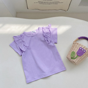 女童白色t恤短袖荷叶边公主，紫色玫粉色时尚夏天蓝色纯色搭配裙子