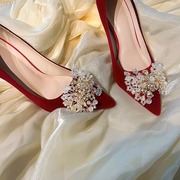 红色婚鞋新娘鞋秀禾服敬酒服水晶鞋水钻高跟鞋，2024尖头不累脚中式