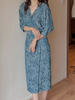 复古雾蓝色新中式国风连衣裙蝙蝠袖收腰V领量身裙子小众设计