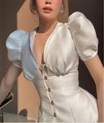 夏季欧美大码女装白色泡泡，袖法式设计感领连衣裙，小个子短袖中腰