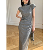 wangxo灰色半高领短袖连衣裙，女夏季2023年收腰显瘦中长款裙子