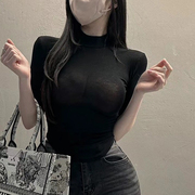 纯欲风2024韩版夏季性感半高领中袖女人味收腰弧形显身材T恤