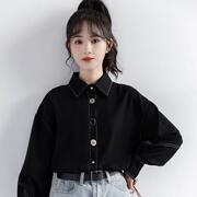韩国2024春季复古黑色长袖衬衫女设计感小众黑衬衣港风休闲polo衫