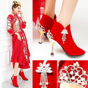 奈驷婚鞋女新娘高跟鞋细跟加绒红色高跟短靴结婚新娘鞋冬季秀禾婚