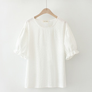2023夏季韩版女士上衣胖mm圆领，棉布绣花喇叭短袖白色娃娃衫