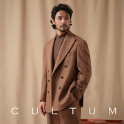cultum540g重羊毛针织戗驳领双排，扣西服套装，男复古斜纹大地色西装
