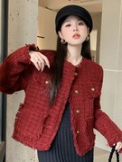 大码女装秋冬短款法式小香风红色，毛呢夹棉外套，胖mm高级感羽绒棉衣