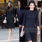 高级定制欧美amal clooney同款立领黑色蕾丝连衣裙女法式优雅大牌