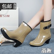 秋冬雨鞋女士韩国时尚高跟，防水保暖胶鞋防滑水，靴中短筒棉雨靴