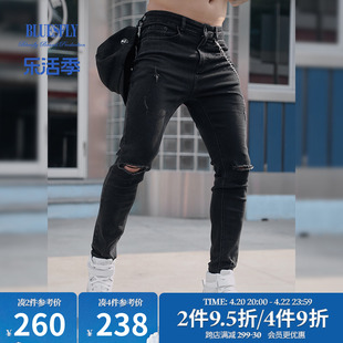 BLUESFLY健身运动牛仔裤男破洞弹力深蹲训练紧身裤黑色长裤休闲裤