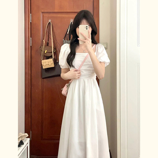法式温柔方领白色连衣裙女夏季小个子泡泡，袖显瘦气质高腰长裙