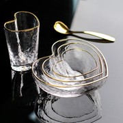 心形沙拉碗方形创意家用水果盘甜品碗透明盘子，日式金边锤纹玻璃碗