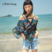 裂帛liebofeng2024年设计款，露肩吊带印花刺绣雪纺蕾丝衫
